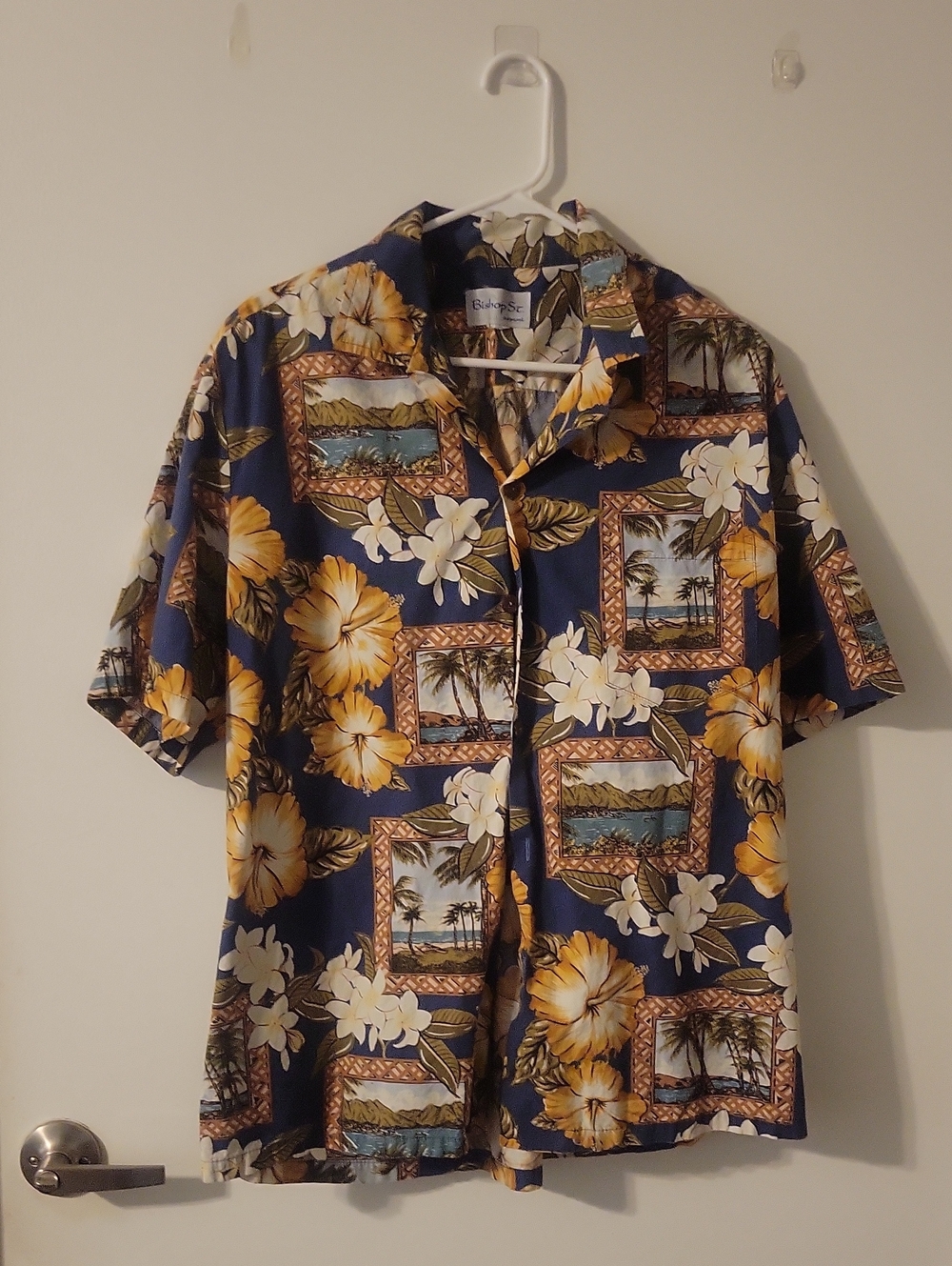 Men's Navy Floral & Scenic Hawaiian Button-Down Shirt